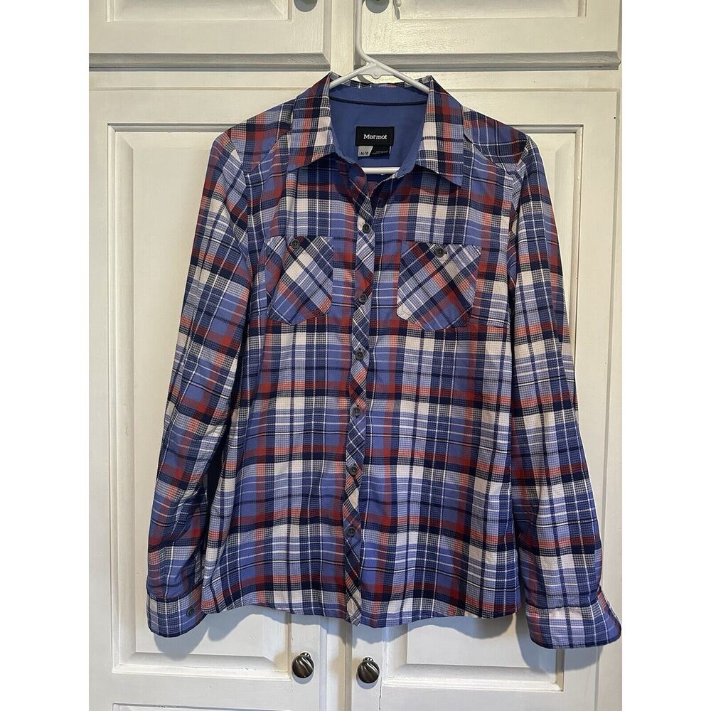 Marmot Shirt Women’s Medium Blue Plaid Long Sleeve Button Up Outdoor Casual